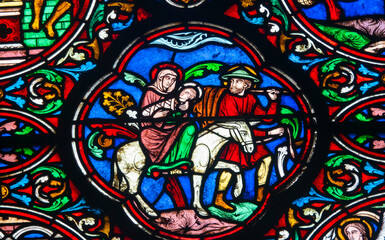 Stained glass (19th century) of Holy Family: The Escape to Egypt.