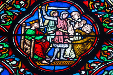 Stained glass (19th century) of the King Solomon's judgment.