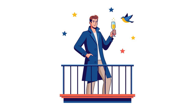 Celebration on the Balcony: A sophisticated individual raises a glass in a toast, celebrating against a backdrop of stars and a serene bird, symbolizing the beginning of a joyous event.