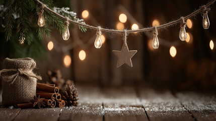 A rustic string of lights adorns a natural woodland scene, complete with festive accents like cinnamon, pine cones, and a burlap sack on a snowy wooden surface