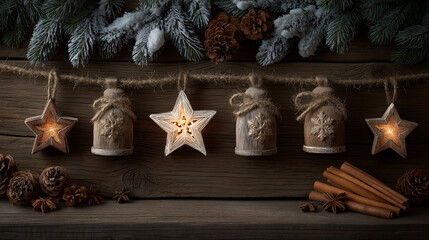 Handmade star and bell ornaments glow softly against a rustic wood backdrop. Cinnamon sticks, pinecones, and snow dusted evergreen branches enhance the cozy winter scene