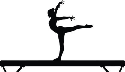 Black silhouette of female gymnast balancing on beam, gymnastics, gymnast, female, woman, silhouette, balance beam, sport, athletic, exercise, performance, competition, pose, flexibility, strength, gr