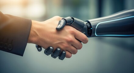 Futuristic handshake with robot arm symbolizes innovation and technology partnerships in modern business