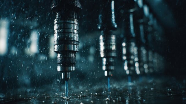 Industrial machinery detail with water spray abstract manufacturing process