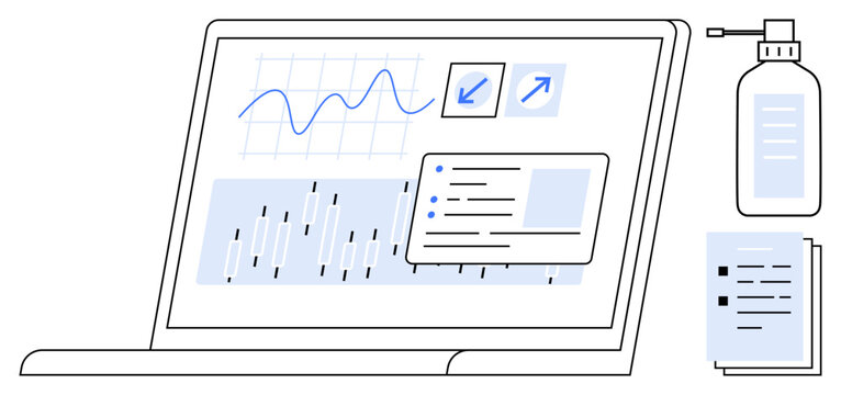 Laptop showing graphs, charts, and reminders with nearby sanitizer bottle and documents. Ideal for analytics, productivity, remote work, health, hygiene workplace focus. Simple flat metaphor