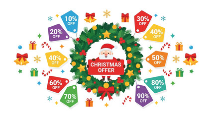 Christmas Offers: Festive Christmas elements combine to create a visually appealing, vibrant graphic ideal for seasonal promotions, advertising the season's special discounts.