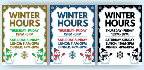 Winter Hours Signs With Snowmen And Snowflakes announcement