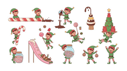 Whimsical Christmas Elf Collection: Delightful elves are preparing for the festive season, in a world of candies, lollipops, and christmas decorations. They're captured in playful poses.
