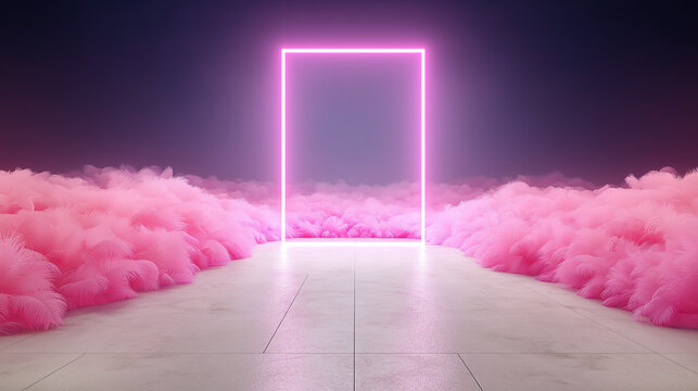 eon glowing doorway in surreal fluffy pink environment with soft light and fantasy mood