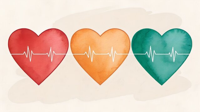Three colorful hearts with heartbeat lines representing health and vitality