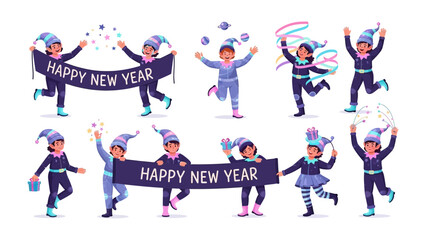 Celebratory New Year Ensemble: A collection of diverse, cheerful figures in festive attire enthusiastically celebrate the New Year with banners, streamers, and joyful gestures.