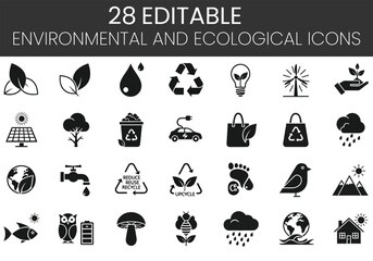 Collection of black and white environmental and ecological icons