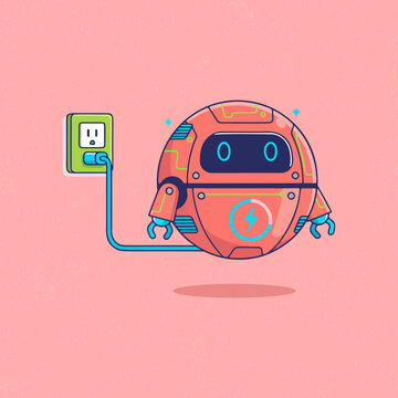 Cute robot in red color charging its battery in a playful flat vector style. Great for kids&rsquo; illustrations, technology concepts, posters, and creative digital artwork.