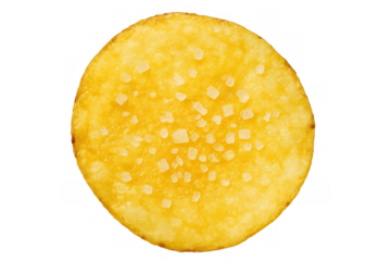 Crispy savory potato chip with coarse salt sprinkles, crunchy snack food on transparent background cutout