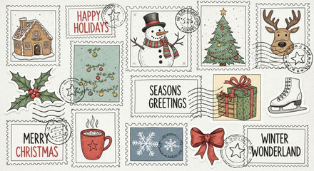 Hand-Drawn Winter Holiday Postage Stamps in Doodle Sketch Style