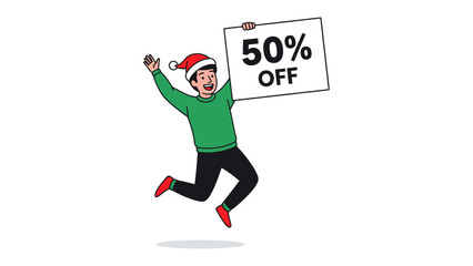 Holiday Discount Joy: An animated individual wearing a festive hat enthusiastically displays a sign announcing a 50% discount. A visual representation of holiday season, bargain hunting.