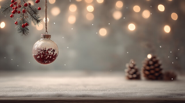 A Christmas scene features a frosted ornament dangling from a berry branch, with pine cones in the background and a scattering of snow. Warm lights glow softly