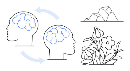 Two human brain outlines interconnected by arrows, a mountain symbolizing obstacles, and flowers representing growth. Ideal for growth, mindset, psychology, evolution, self-improvement, education