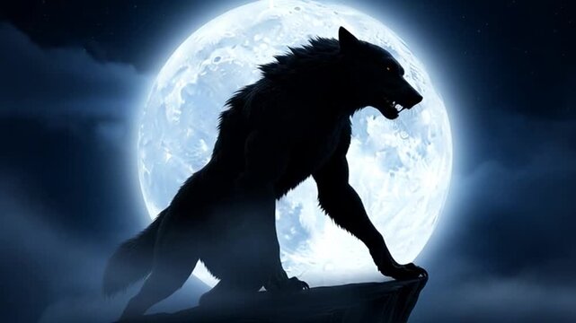Silhouette of a Howling Wolf Against a Full Moon in the Night.