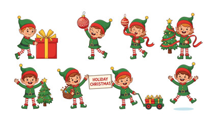 Christmas Elf Collection: A vibrant collection of Christmas elves, each engrossed in delightful festive tasks such as preparing gifts, decorating the tree, and spreading holiday cheer.