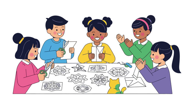 Creative Minds at Work: Young students collaboratively engaging in arts and crafts, their faces alight with creativity and the joy of shared making.