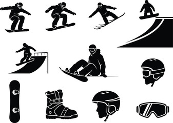 Snowboarder action icons and equipment snowboarding, snowboarder, snowboarding, action, jump, trick, ramp, rail, sitting, equipment, snowboard, boot, helmet, goggles, silhouette, black and white, wint
