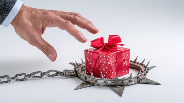 Hand reaching for gift box trap concept on transparent background