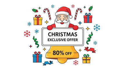 Fototapeta premium Festive Exclusive Offer: A jolly figure, a seasonal symbol, joyfully presents a special deal amidst festive decorations, perfect for spreading holiday cheer.