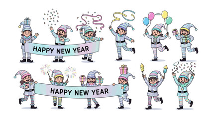 Whimsical New Year Elf: Festive elves joyfully spread cheer, celebrating New Year with colorful decorations. These illustrations captures the essence of a lively, fun-filled holiday.