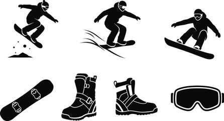 Snowboarding action icons and equipment snowboarder, snowboarding, snowboarder, action, jump, snow, sport, winter, extreme, equipment, snowboard, boots, goggles, silhouette, black and white, graphic, 