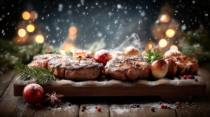 Sizzling grilled steaks rest on a wooden board surrounded by holiday decorations as snow gently falls. Warm lights glow softly in the background, creating a cozy scene