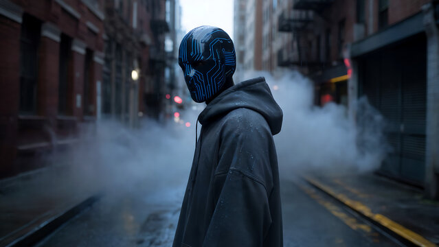 figure in dark techwear hoodie with neon blue mask in rainy cyberpunk alley