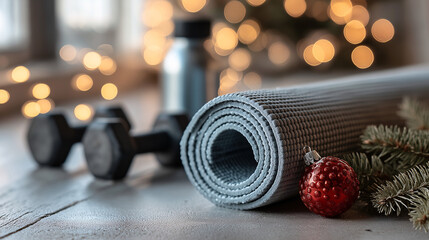 Rolled yoga mat, dumbbells, water bottle, ornament, and Evergreen sprig are arranged on a gray surface with warm holiday lights glowing behind. A cozy winter wellness scene