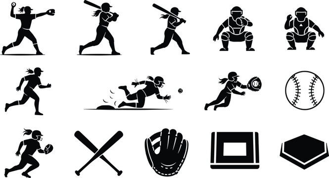 Softball players and equipment icons baseball female, softball, baseball, player, female, woman, girl, pitcher, batter, catcher, runner, sliding, fielding, catching, throwing, bat, glove, mitt, base, 