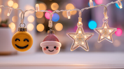 Cheerful holiday lights are displayed with an emoji, santa hat, and star decorations. Colorful bokeh glows softly in the background creating a fun, festive mood