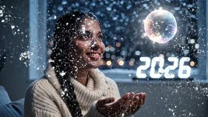 Young Woman Celebrating New Years Eve 2026 with Futuristic Holographic Projections and Fireworks. - Powered by Adobe