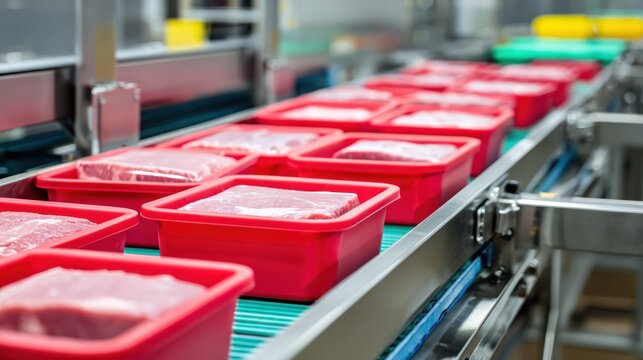 Meat processing line raw pork loins in red containers on conveyor belt