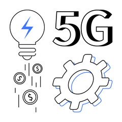 Lightbulb representing energy and innovation, 5G text for high-speed technology, falling coins for economic value, and gear for development and progress. Ideal for tech innovation, connectivity