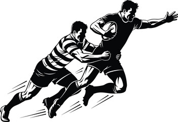 Fototapeta premium Two rugby players in action black and white illustration, rugby, sport, players, action, running, tackling, ball, game, competition, athletic, strength, power, movement, dynamic, black and white, illu