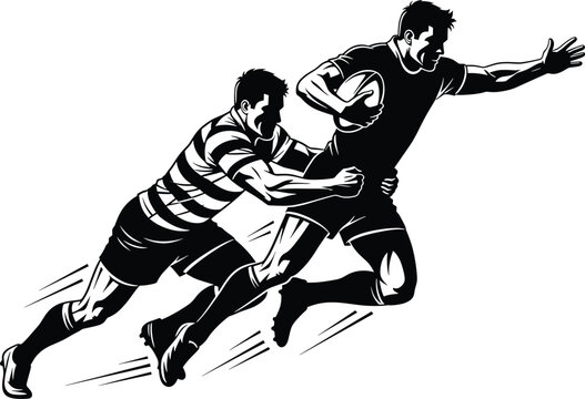 Two rugby players in action black and white illustration, rugby, sport, players, action, running, tackling, ball, game, competition, athletic, strength, power, movement, dynamic, black and white, illu