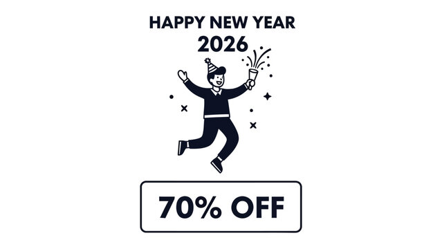 New Year Celebration Discount: A festive illustration announces a special New Year's offer, with a cheerful figure celebrating the upcoming year. It's an invitation to seize the moment.
