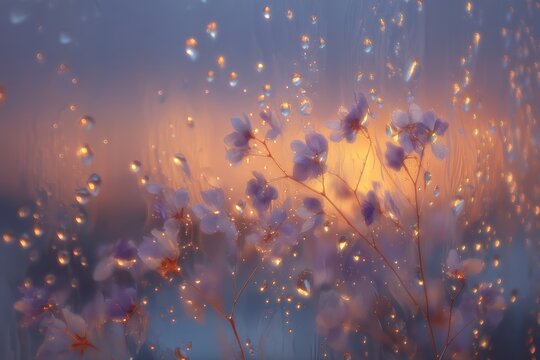 Delicate flowers behind misted glass with glowing light, ideal for romantic posters, spa branding or poetic backgrounds.