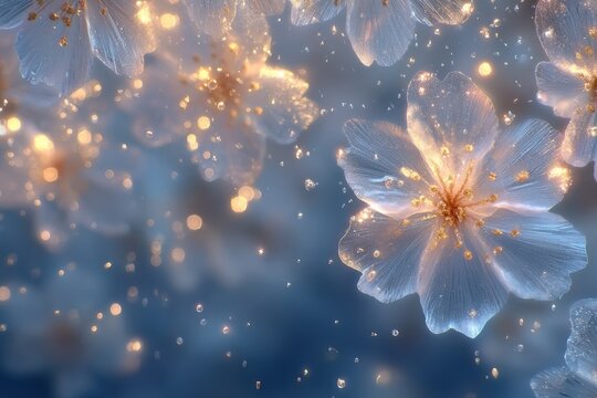 Close up of sparkling petals illuminated by soft blue and golden light, ideal for elegant designs, greeting cards and cosmetic product backgrounds.