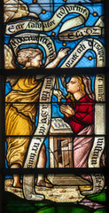 Fototapeta premium Stained glass (16th century) of Annunciation to the Blessed Virgin Mary by the Archangel Gabriel.