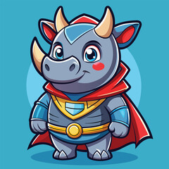 Adorable cartoon rhino superhero with red cape and blue armor