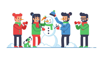 Building a Winter Wonderland: A group of friends and a canine companion collaborate to build a snowman, symbolizing friendship and holiday cheer during the winter season. 