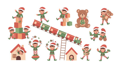 Christmas Elf Characters: A playful arrangement of festive elf characters, engaged in joyful activities with toys and holiday decorations.