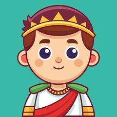 Cartoon illustration of a young roman boy wearing a laurel wreath and toga
