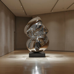 Polished Chrome Abstract Sculpture on Black Plinth
