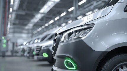 Fototapeta premium Lineup of silver vans with green accents inside industrial setting